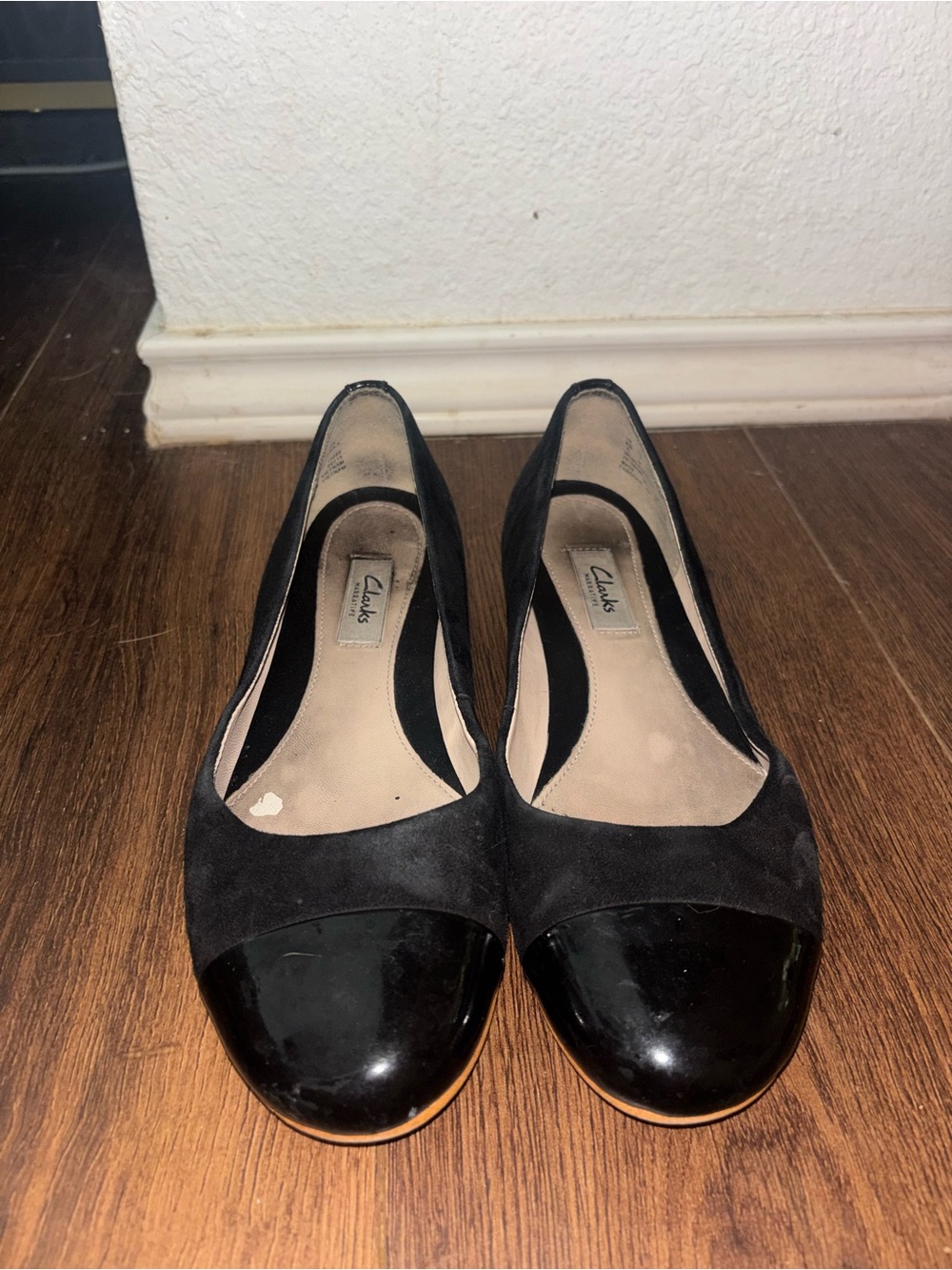 Clarks Black Suede Flats with Patent Cap Toe